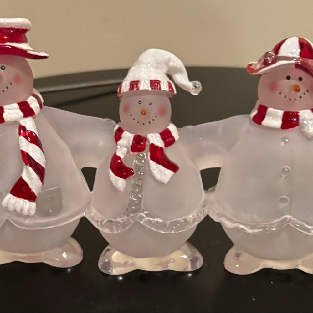 Festive Acrylic Snowman Trio with Red and White Accents